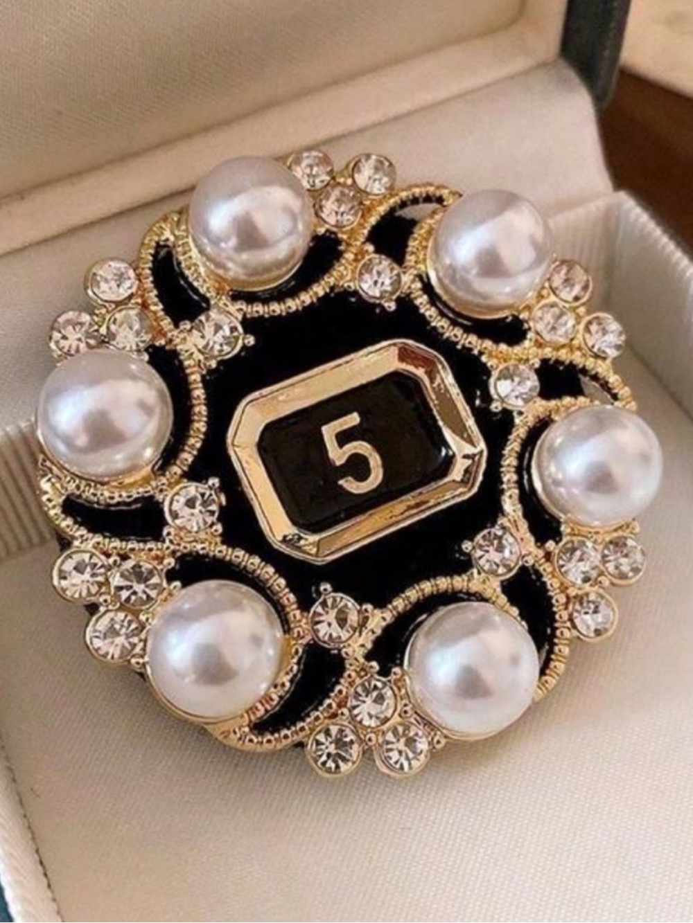 Black, Gold & White Faux Pearl Crystal Brooch - Number 5 Accent